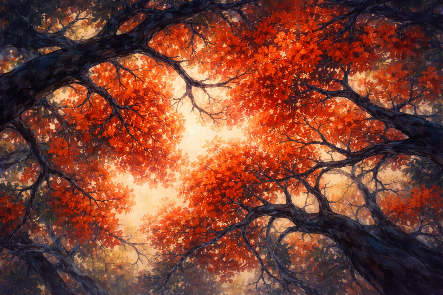 Abstract canopy of Immortelle blossoms in deep navy and orange-red
